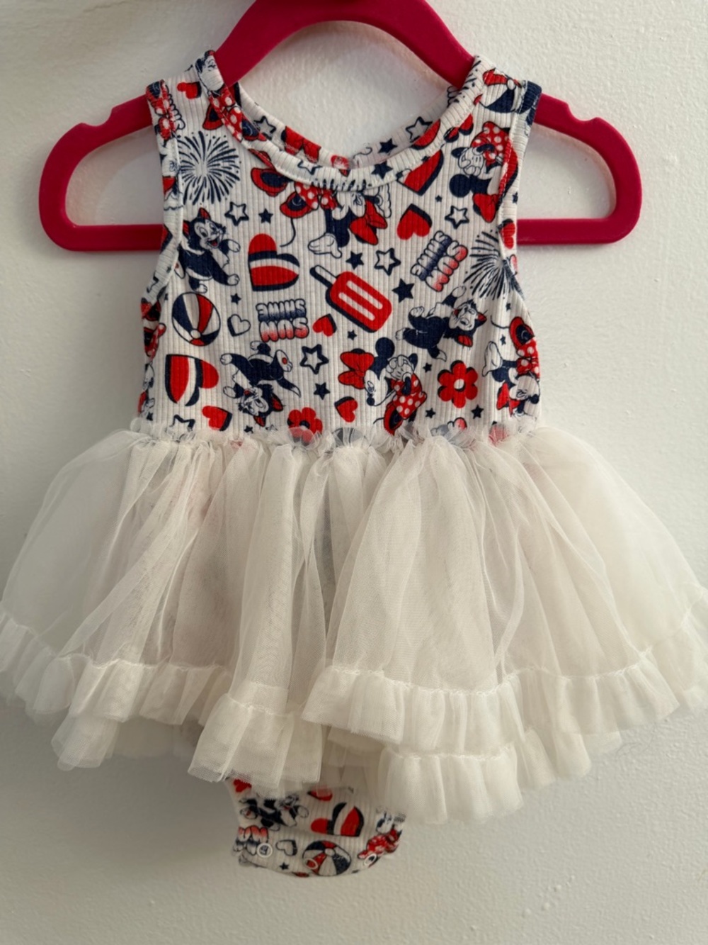 🎆Disney Baby Red Navy White Minnie Mouse Print Romper with tutu 4th of July vibe